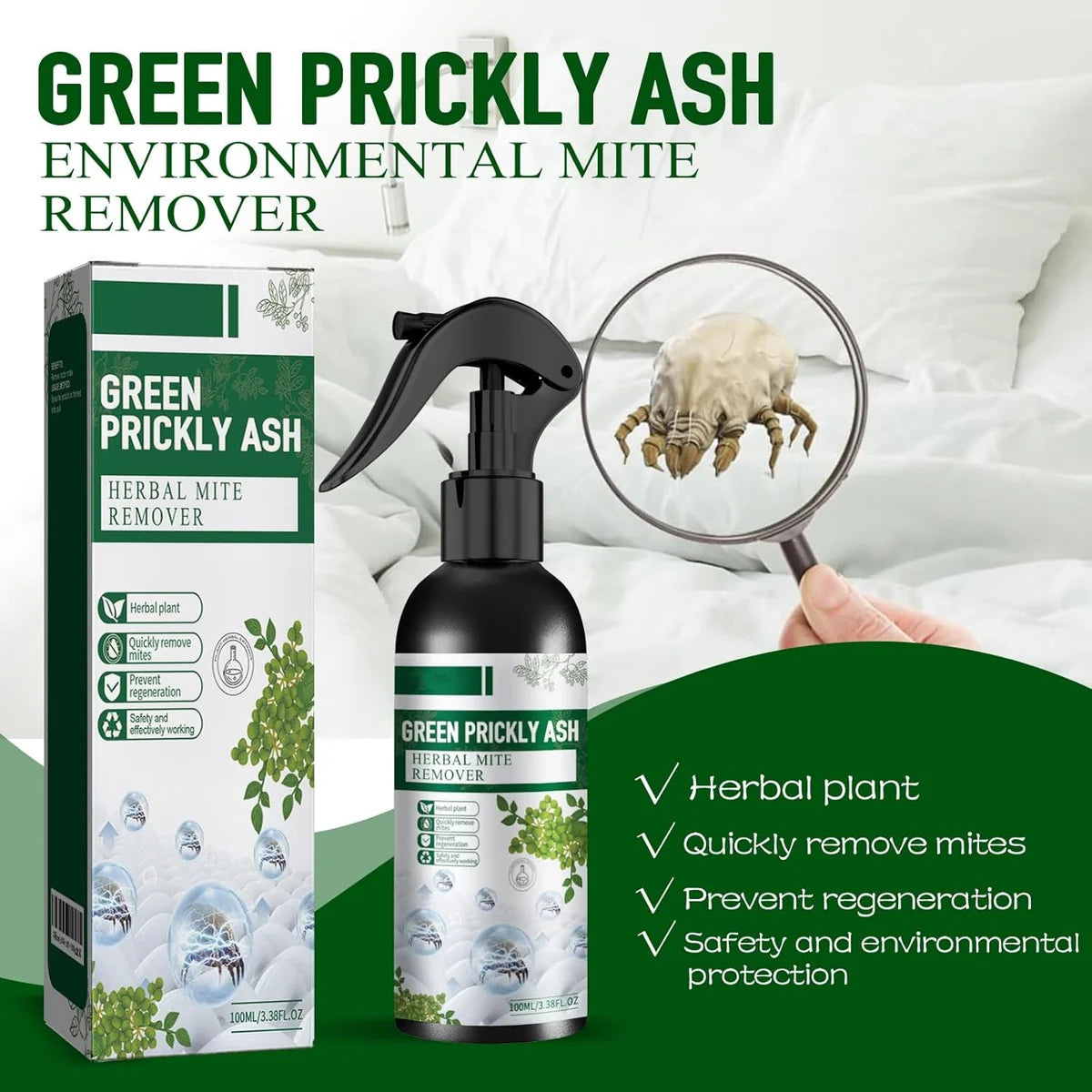 Green Herbal Mite Removal Spray - Dust Mite & Bed Bug Killer for Beds