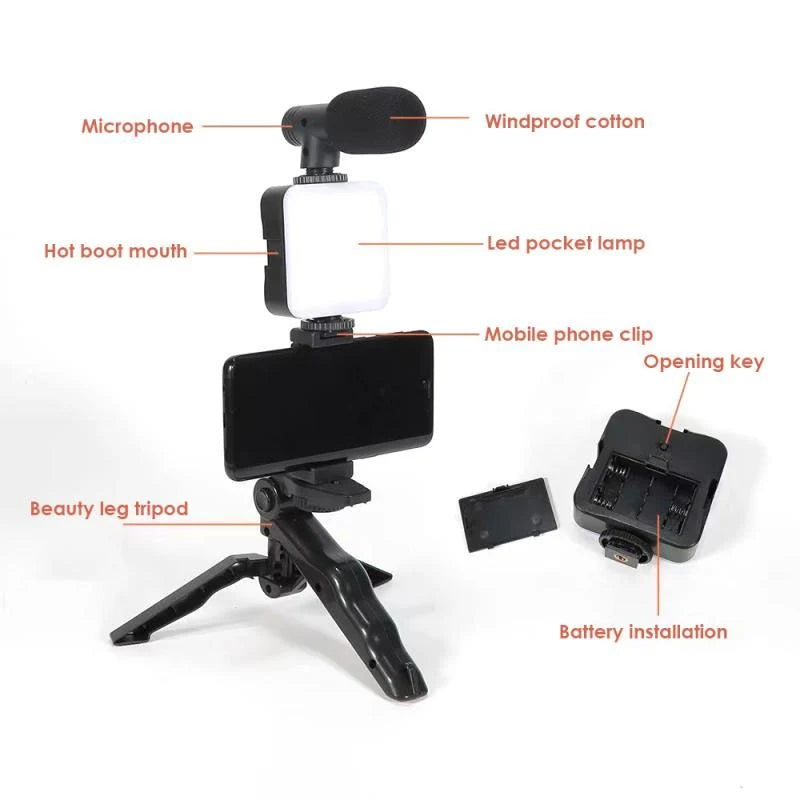 Smartphone Vlogging Kit 4-in-1 | Mic + LED Light + Tripod | 1-2 Day UAE Delivery